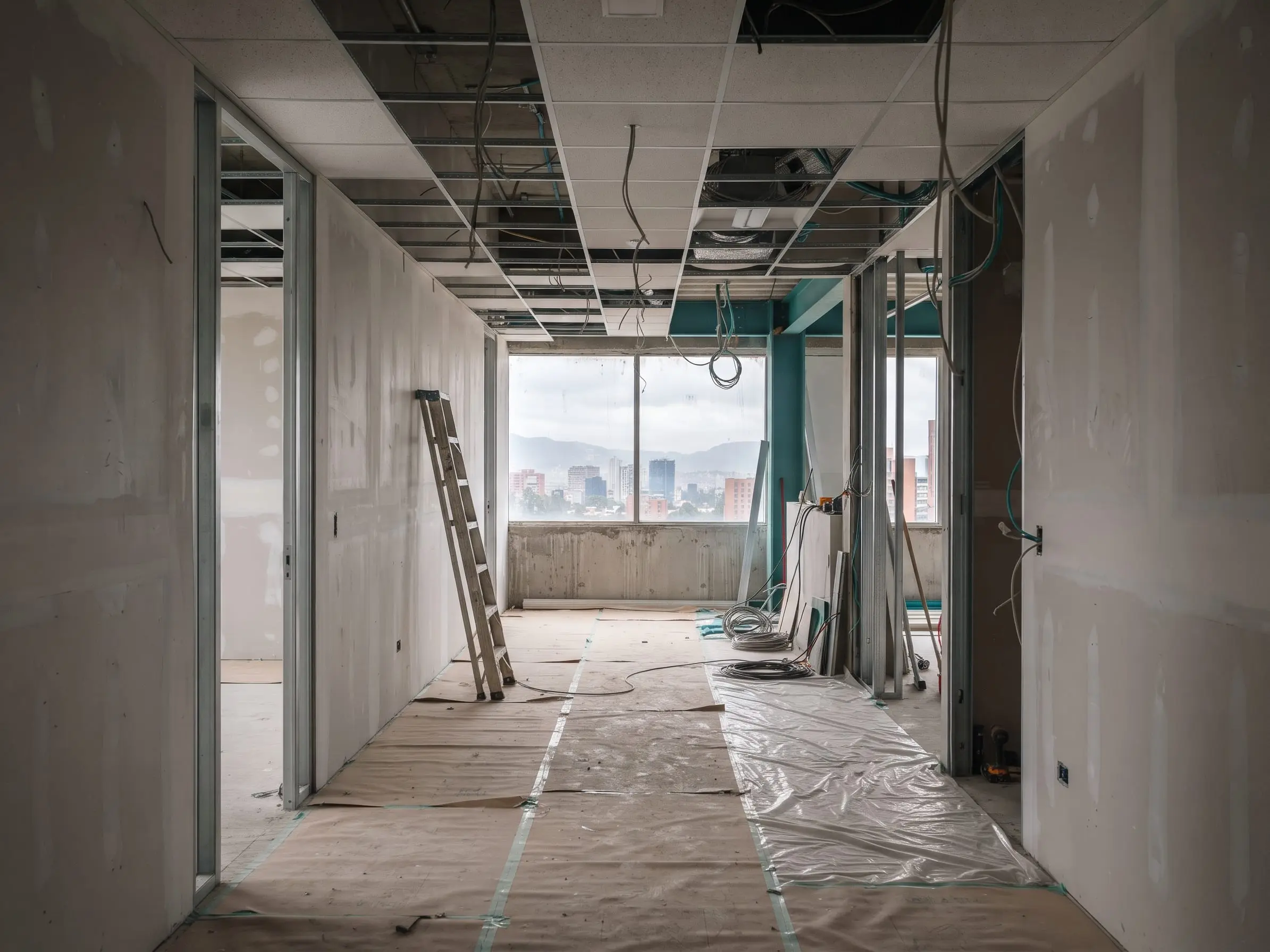 Pasillo en obra con muros de drywall encintados, cielo raso a medio instalar, una escalera plegable y el piso protegido con cartón y plástico